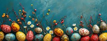 Easter Background With Colorful Painted Eggs And Flowers. Top View. Happy Easter Concept