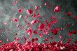 A flurry of rose petals tumbling through the air on a grey canvas, dynamic and dramatic compositions, Valentine’s Day