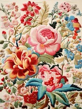 Traditional Embroidered Florals Vintage Art Print: Stitched Splendors In Bloom