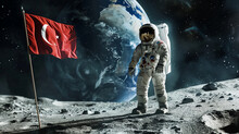 An Image Of A Turkish Astronaut Standing On The Moon's Surface, Planting The Turkish Flag With The Earth And Stars In The Background. Generative AI