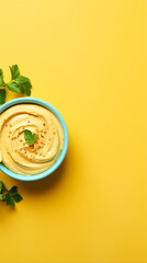 Sticker - Bowl of hummus with greens and olive oil on yellow background, top view, copy space