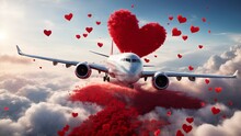 A Plane Flies Through The Sky With Red Hearts Around It. Romantic Valentine's Day Wallpapers