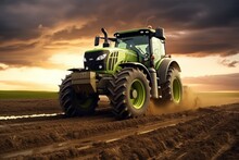 Heavy Green Tractor On The Barley Field In Golden Sky Sunset View. Generate AI Image