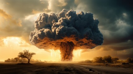 Wall Mural - Nuclear blast. Fire mushroom cloud. Atomic bomb explosion. Deserted land. Apocalypse, world war. AI Generated