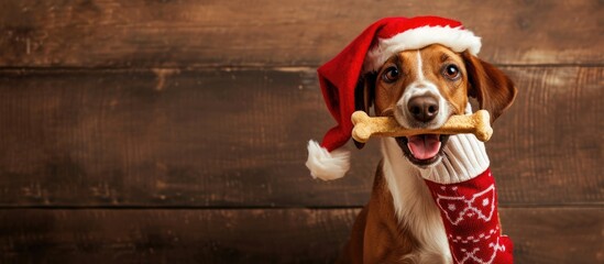 Wall Mural - Dog with stocking in mouth holding dog bone as gift for Christmas