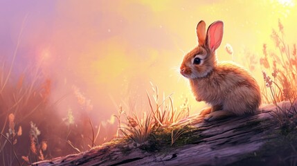  a painting of a rabbit sitting on a log in a field of grass with the sun shining through the clouds and the grass in the foreground is yellow and pinkish.