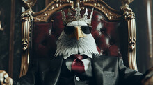 Bald Eagle Wearing Tie With Crown And Sunglasses Sitting On A Throne, Closeup. AI Generative