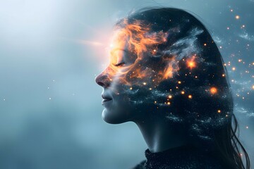 a silhouette of a woman's profile filled with a cosmic galaxy