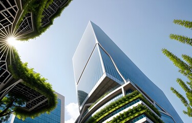 Office building with green environment. Corporate building reduce CO2. Eco-friendly building in the modern city. Sustainable glass office building with tree for reducing carbon dioxide.