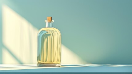 Wall Mural -  a bottle of oil sitting on top of a table next to a shadow of a light coming from a window on the wall behind the bottle is a blue wall.