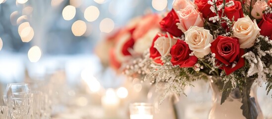 Poster - A lovely display of roses and a winter-themed table decorate a wedding reception.