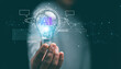 © krungchingpixs - The concept of using artificial intelligence to generate ideas for innovation and inspiration..Businessman holding lightbulb and use ai by enter command prompt and chat for generates something.