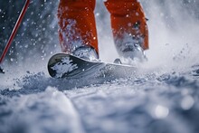 Thrill-seeker Defies Gravity On A Red Snowboard, Carving Through The Snowy Landscape Like A Surfer On Water, Showcasing The Ultimate Blend Of Outdoor Recreation And Adrenaline-fueled Sport