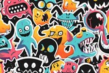 Fototapeta Dinusie - Vibrant child-like drawings of whimsical cartoon monsters come to life in this playful and imaginative fabric design, bursting with colorful illustrations and charming graphics