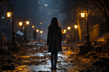 Young woman walking alone in the dark in a public park