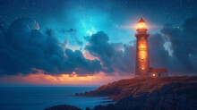 A Lighthouse On The Island With A Beautiful Night View