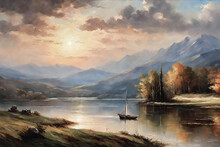 Oil Painting, Beautiful Landscape, Lake In The Background, Mountains And An Old Cottage , Picture For Printing On The Wall