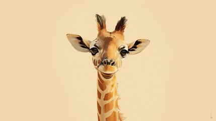 Poster -  a close up of a giraffe's face on a beige background with a black spot in the middle of the head and a black spot in the middle of the giraffe's eye.