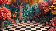  A Room With A Checkered Floor And A Checkerboard Floor And A Painting Of Trees, Flowers, And A Cat In The Middle Of The Room Is A Black And White Checkerboard Floor