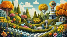  A Painting Of A Colorful Landscape With Trees, Bushes, Flowers, And A Clock Tower In The Center Of The Picture Is A Checkerboard Pattern Of The Landscape.
