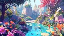  A Digital Painting Of A River Surrounded By Colorful Flowers And A Forest With Lots Of Trees And Flowers On Both Sides Of The River, And A Few Rabbits On The Other Side Of The.