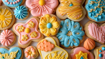 Sticker -  a close up of a bunch of cookies that are decorated in different colors and shapes with flowers and hearts on one side and a star on the other side of the cookies.