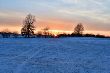 Poster - Sunset Over a Snowy Field