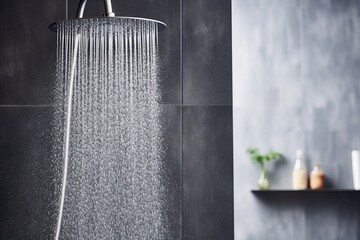 Close up of water flowing from deluge in bathroom interior, water spills from downpour