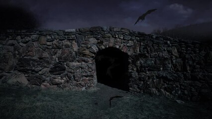 Wall Mural - bats chasing drone flying out of stone tunnel 4k loop features footage from a drone flying out of a 