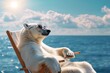 A chilled-out polar bear enjoys the sunny skies and ocean breeze from their beach chair