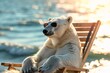A cool and confident polar bear lounges in the sun, donning sunglasses while enjoying the peacefulness of the wooden beach chair on the sandy ground near the glistening water