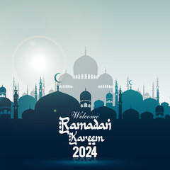 Wall Mural - welcome ramadan kareem 2024 banner with green and white background design