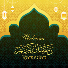 Wall Mural - welcome ramadan kareem 2024 banner with green and yellow background design