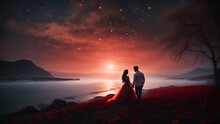 Couple In Romantic Scene At Sunset, Valentine's Day.