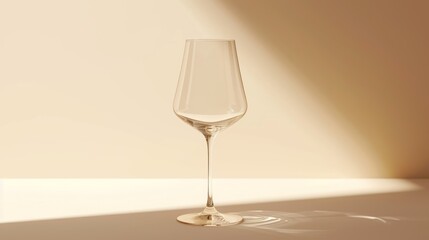 Poster -  a wine glass sitting on a table with a light reflecting off of the side of the glass and a shadow of the wine glass on the table top of the table.