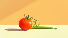  A Close Up Of A Tomato And A Green Pea On A White Surface With A Yellow Wall In The Background And A Light Orange Wall In The Middle Of The Background.