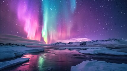 Wall Mural - a purple and green aurora bore is in the sky above a body of water with ice on the ground and snow o