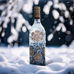 Sticker - bottle of champagne on snow