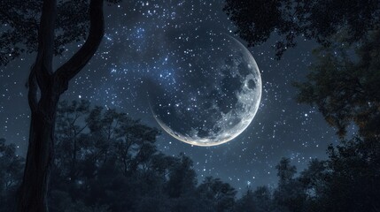 Poster -  a full moon in the night sky with trees in the foreground and stars in the sky over the trees on the far side of the moonlit night sky.