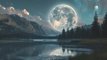  A Full Moon Rising Over A Mountain Range With A Lake In The Foreground And A Forest On The Other Side Of The Moon Lit Up In The Night Sky.
