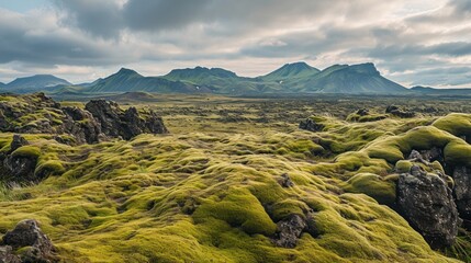 Sticker -  a field covered in green moss with mountains in the backgrouds in the distance and clouds in the sky over the top of the mountains in the foreground.