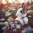 Lapin Courant Dans Une Prairie Avec des Fleurs et Un Ciel Magnifiques - Pâques - Printemps - Fête - Mignon