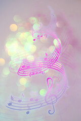 Wall Mural - Music notes swirling on background with blurred lights, bokeh effect