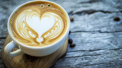 Wall Mural - Close up white coffee cup with heart shape latte art foam on black wood table. Ai Generative