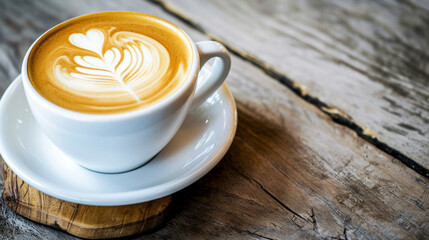 Wall Mural - Close up white coffee cup with heart shape latte art foam on black wood table. Ai Generative