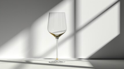 Poster -  a wine glass sitting on a table with a shadow of a wall behind it and a light coming from a window on the side of the wall behind the glass.