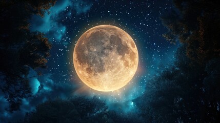a full moon seen through the trees in the night sky with stars in the sky and in the foreground is a