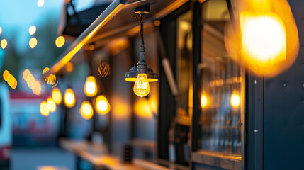 detail of closed red food truck with light bulb background, no people . Ai Generative