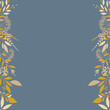 Szablon zaproszenia ślubnego. Elegancka kartka z dekoracją botaniczną w odcieniach błekitu i beżu, z żółtym akcentem. Kwiatowy wzór z liśćmi i gałązkami.