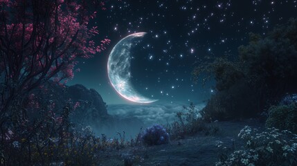 Poster -  a painting of a night scene with a crescent moon and stars in the sky above a forest of trees and bushes, with a hill in the foreground is a body of water.